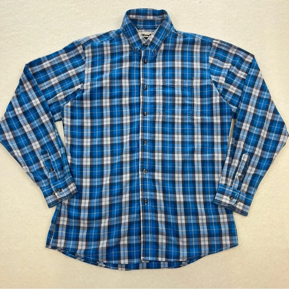 Wrangler Riata Blue Plaid Button Down Shirt Size Large